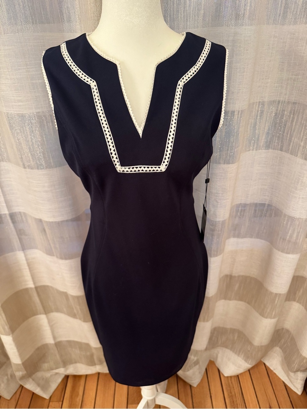 Tommy Hilfiger Navy Midi Sheath Dress with White Trim